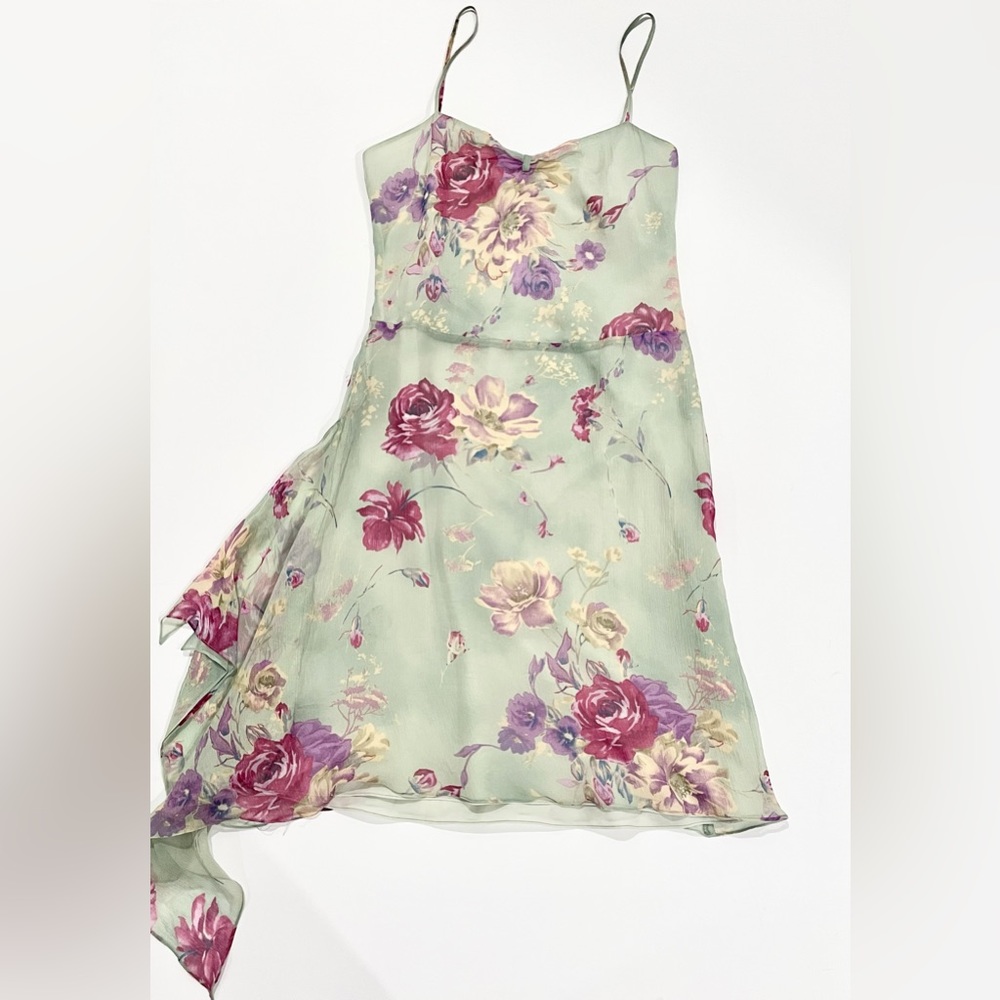 NWT Vintage 2000’s YIGAL AZROUEL Sage Floral Silk Chiffon MIDI Dress size 3 8/10